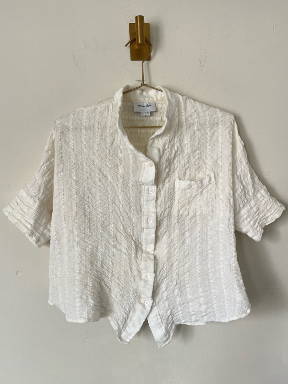 Steven Alan White Textured Button-Front Short cotton / Wool summer Sleeve Shirt